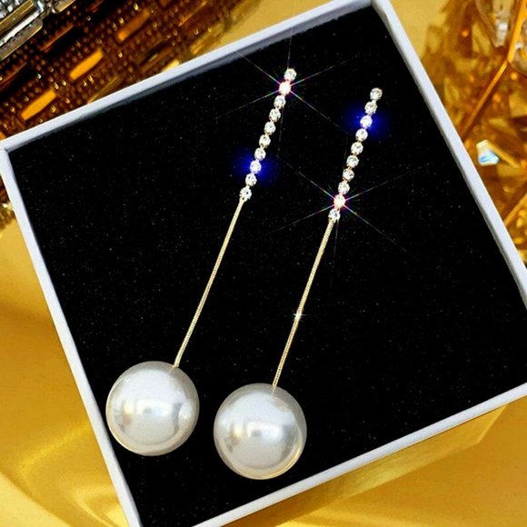 Jewelry - Elegant Pearl Crystal Long Drop Dangle Earrings Stud Tassel Chain Rhinestone CZ